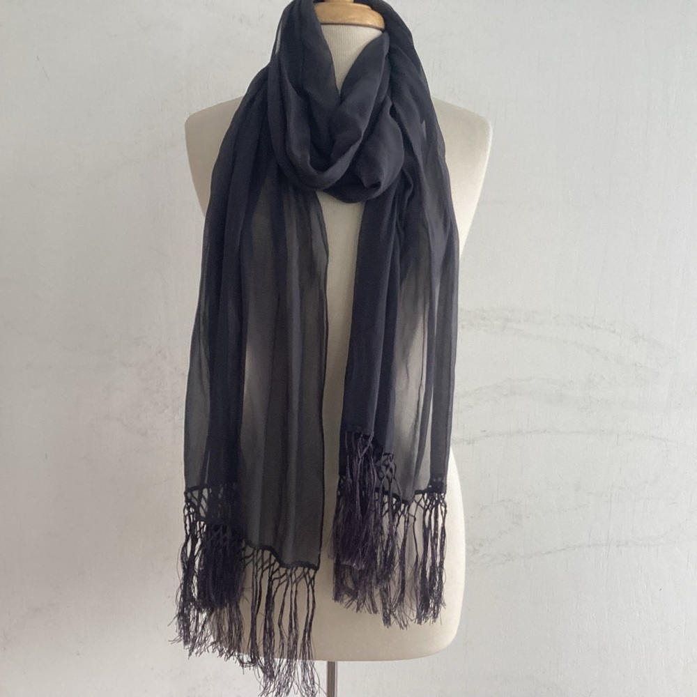 Echo Sheer Gray Silk Scarf with Knotted Fringe